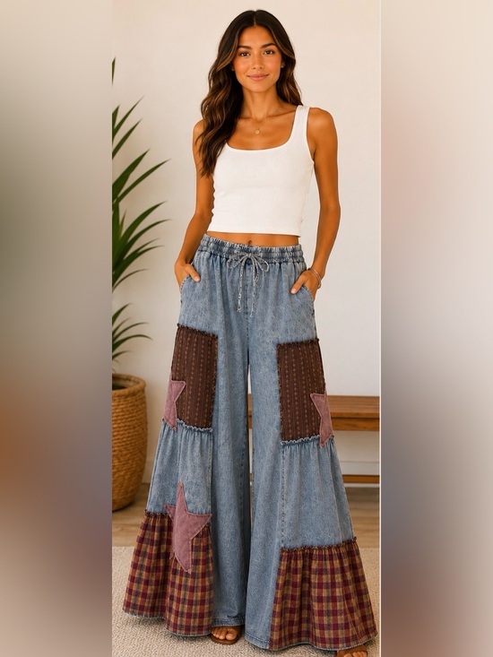 easel Pants - Easel Patchwork Wide Leg Pants with Stars- Size Medium - NWT